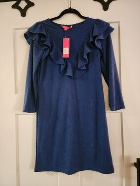 Lilly Pulitzer Navy Blue Ruffle Front Long Sleeve Dress